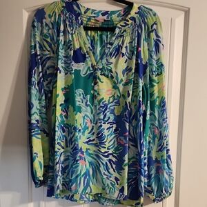 Lilly Pulitzer Blue and Green Floral Elsa Blouse